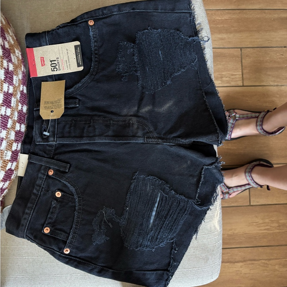 Levi's Black Distressed 501 Denim Shorts